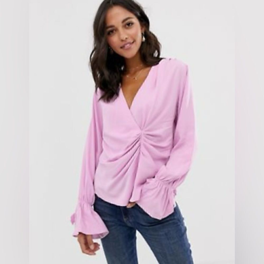 EUC ASOS Design Pink Long Sleeve Gathered Drape Front Top